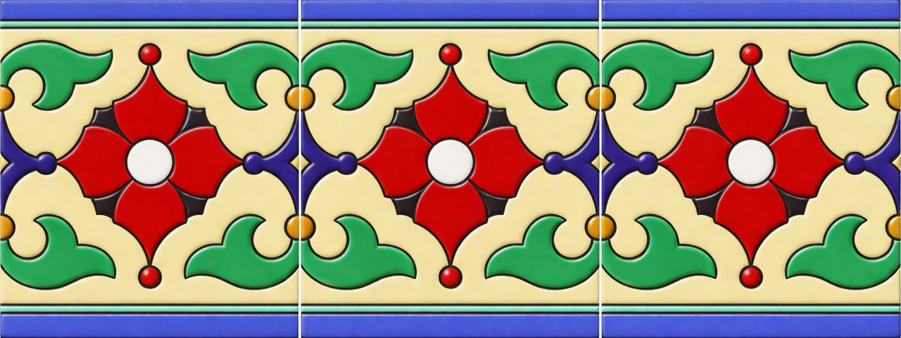 Mexican talavera floral relief border tile three piece set with raised floral medallion