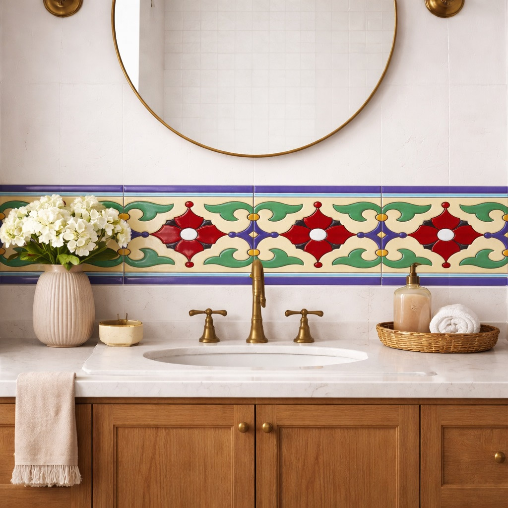 Mexican talavera floral relief border tile framing bathroom vanity wall in Spanish Colonial style