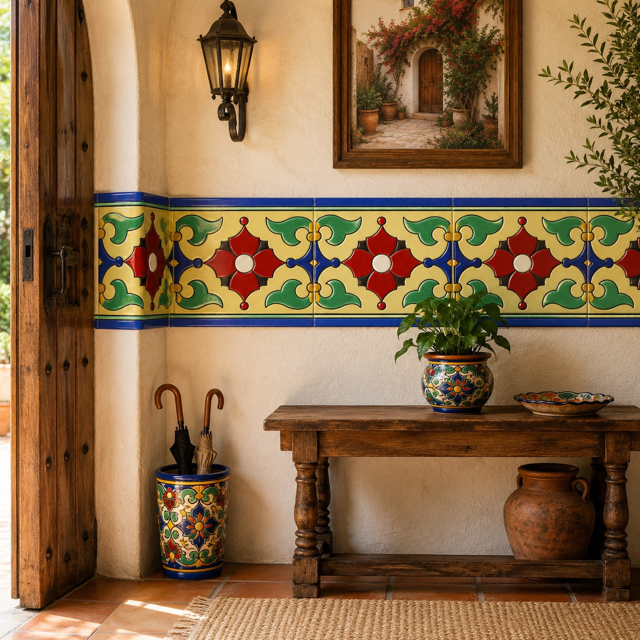 Mexican talavera floral relief border tile in a Spanish entryway with textured walls and wood