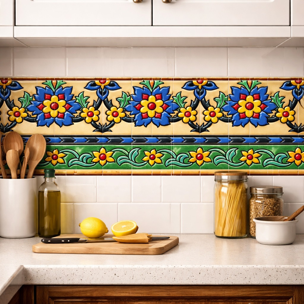 Mexican talavera floral relief border tile decorative trim installed as kitchen backsplash border above ceramic tile