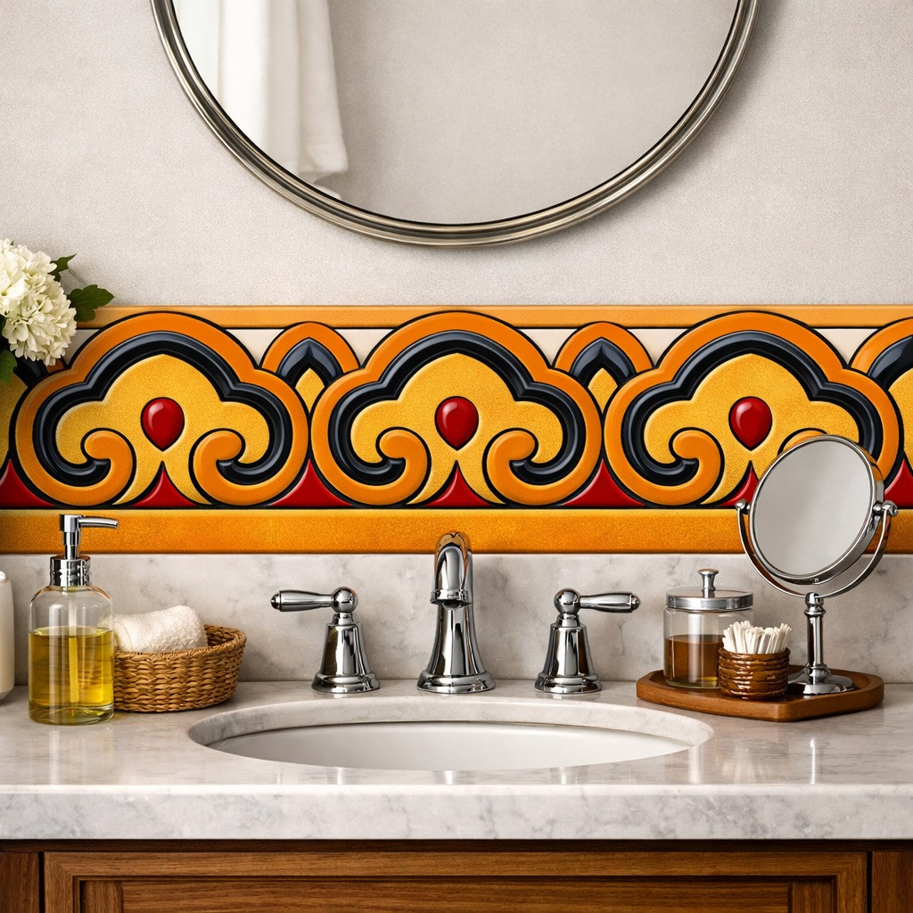 Mexican talavera arch scroll relief border tile trim decorating bathroom vanity backsplash with traditional sink