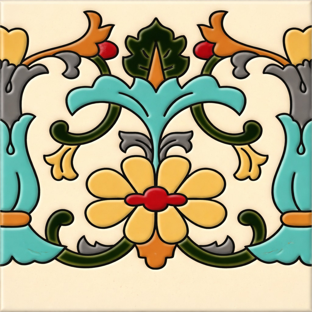 Mexican talavera yellow floral scroll relief tile