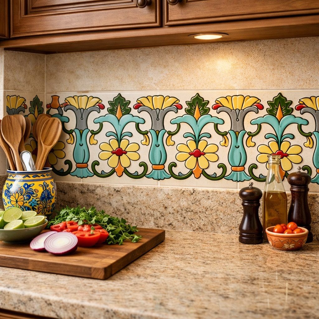 Mexican talavera yellow floral scroll relief tile installed as kitchen backsplash trim