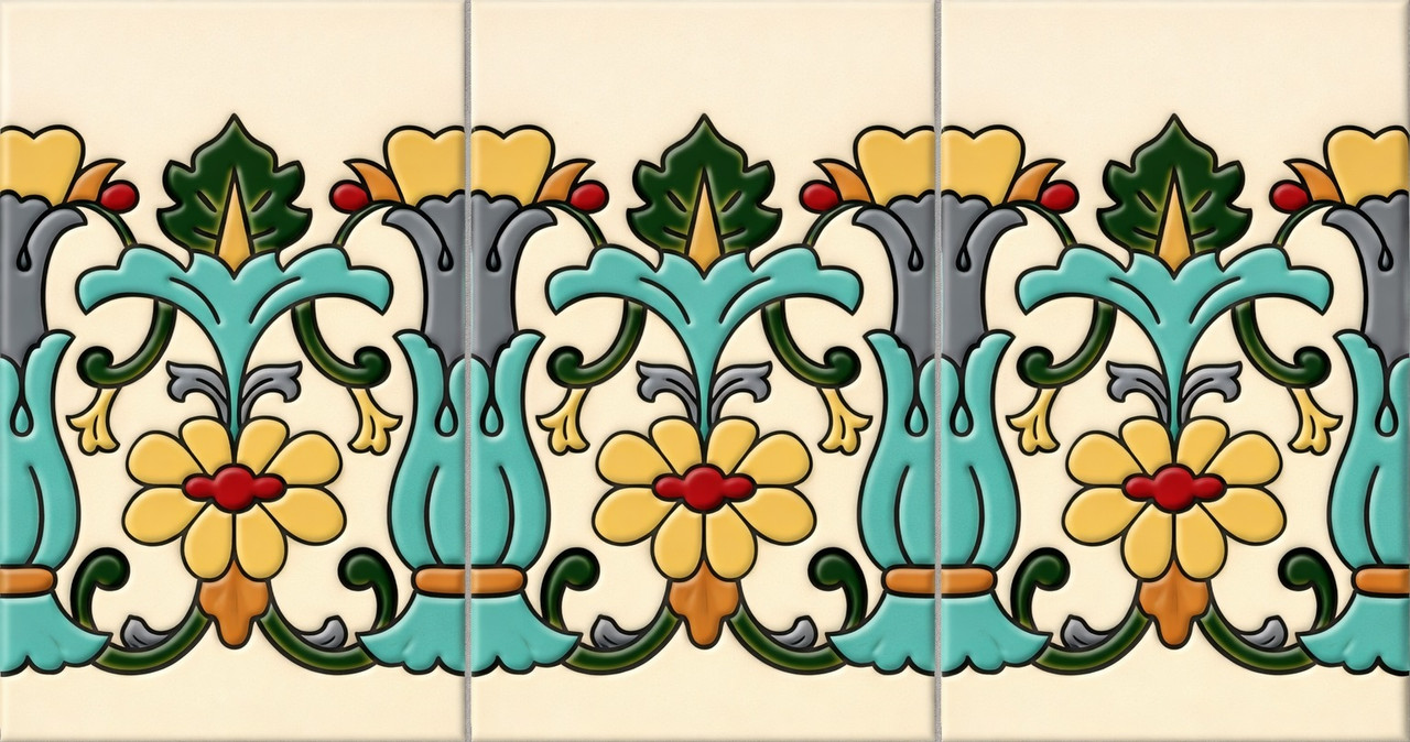 Mexican talavera yellow floral scroll relief tile three piece set
