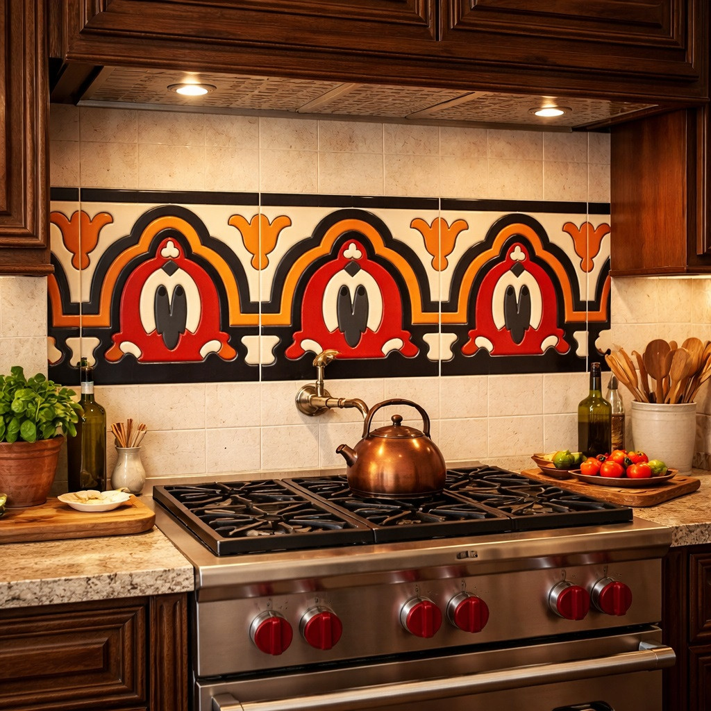 Mexican talavera arched relief border tile installed as kitchen backsplash accent band
