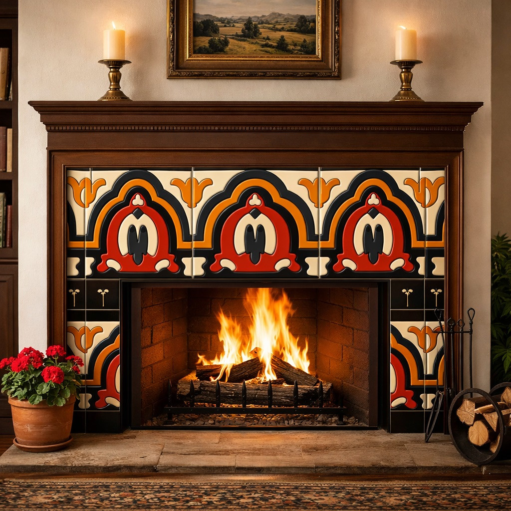 Mexican talavera arched relief border tile accent on fireplace surround
