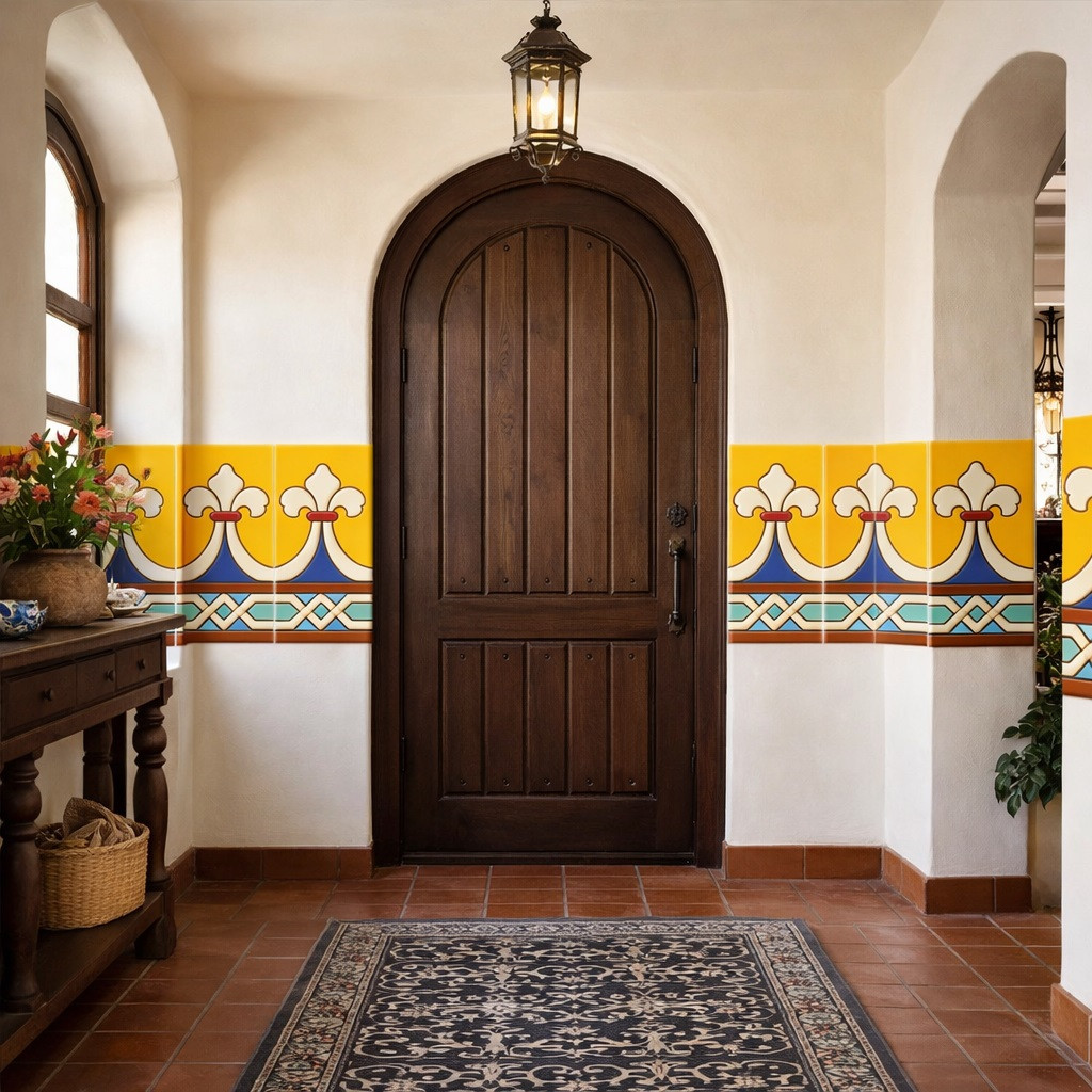 Talavera fleur de lis geometric relief border tile accenting entry hall wall in Spanish Colonial home