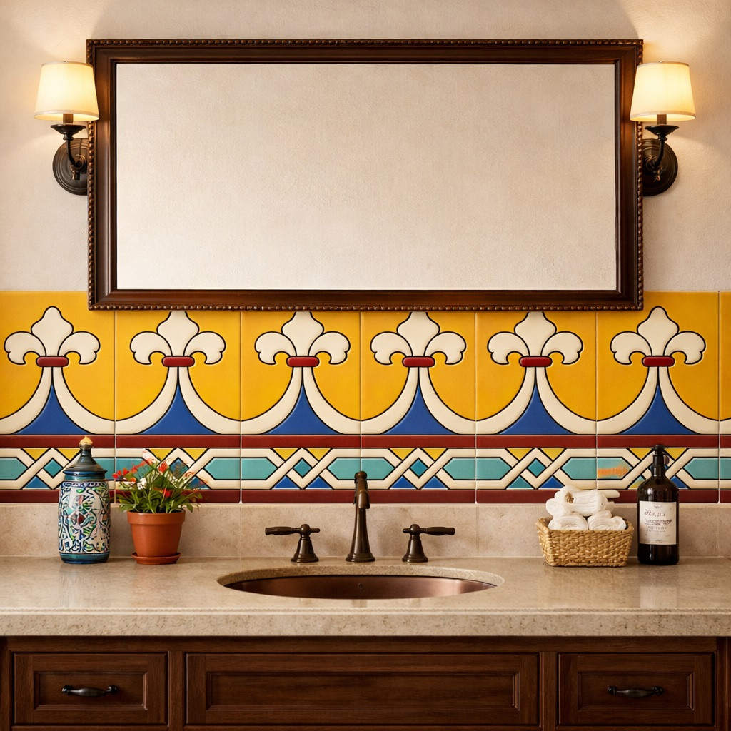 Talavera fleur de lis geometric relief border tile framing bathroom vanity wall in colonial style