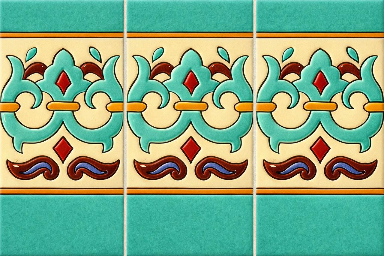 Talavera fleur scroll relief border mexican tile three piece set with raised scroll motif