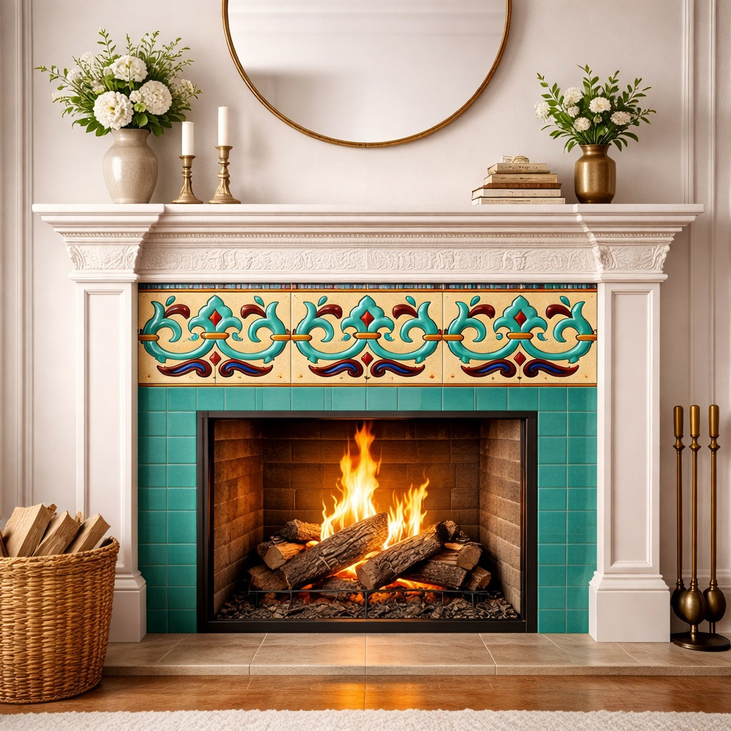 Talavera fleur scroll relief border mexican tile outlining fireplace surround in hacienda interior