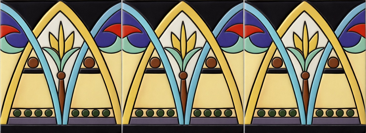 Mexican talavera gothic arch relief border tile three piece set