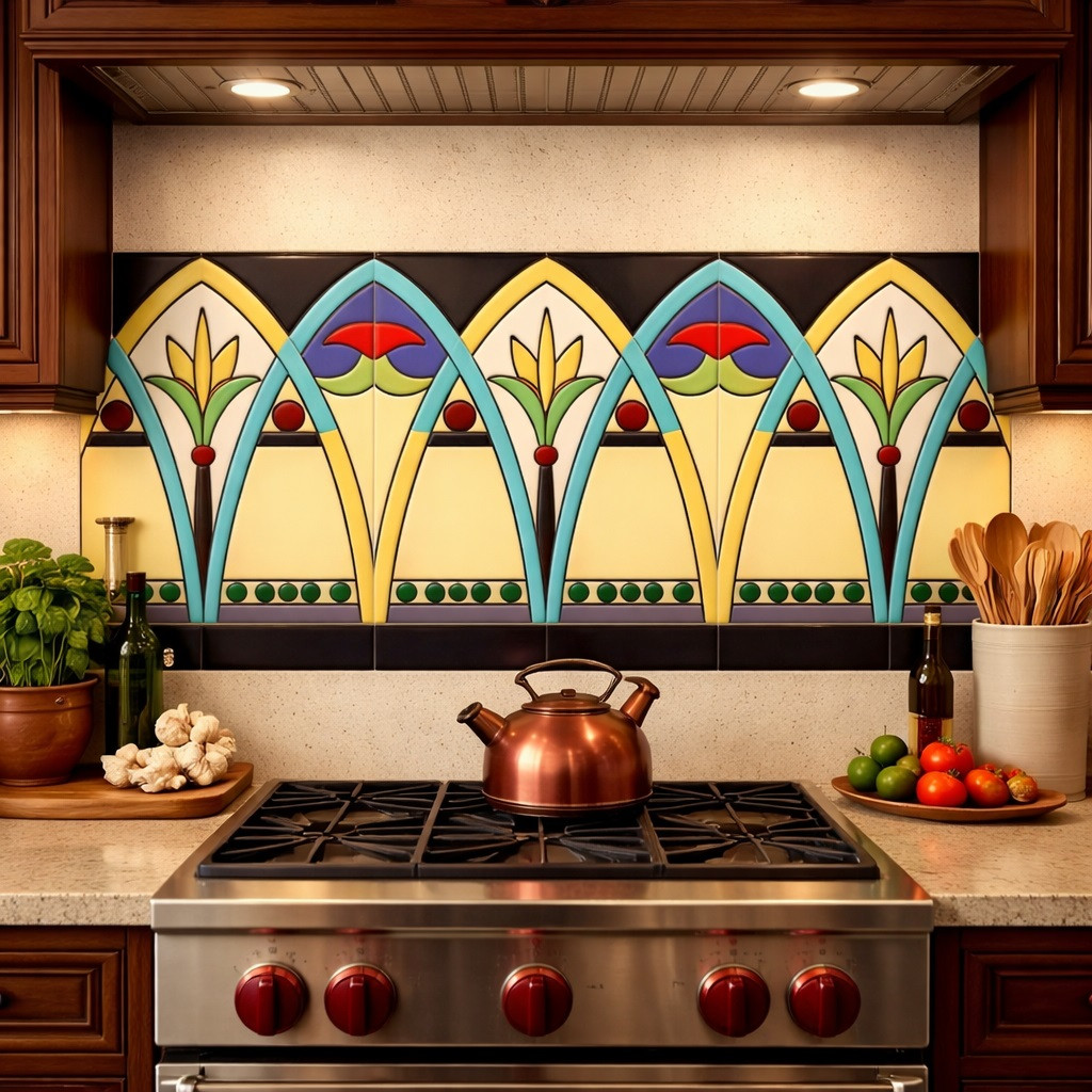Mexican talavera gothic arch relief border tile installed as kitchen backsplash accent band