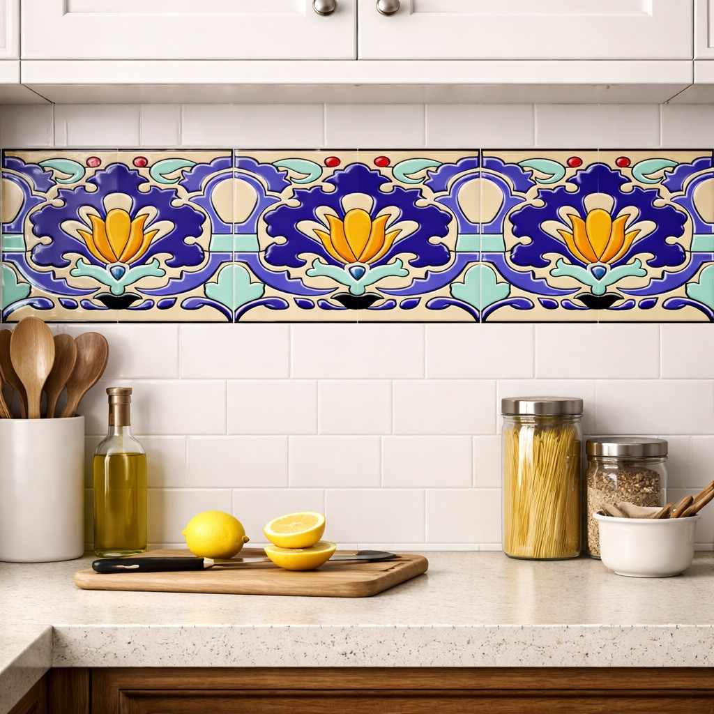 Mexican talavera tulip relief border tile decorative trim installed as kitchen backsplash decorative border above tile field