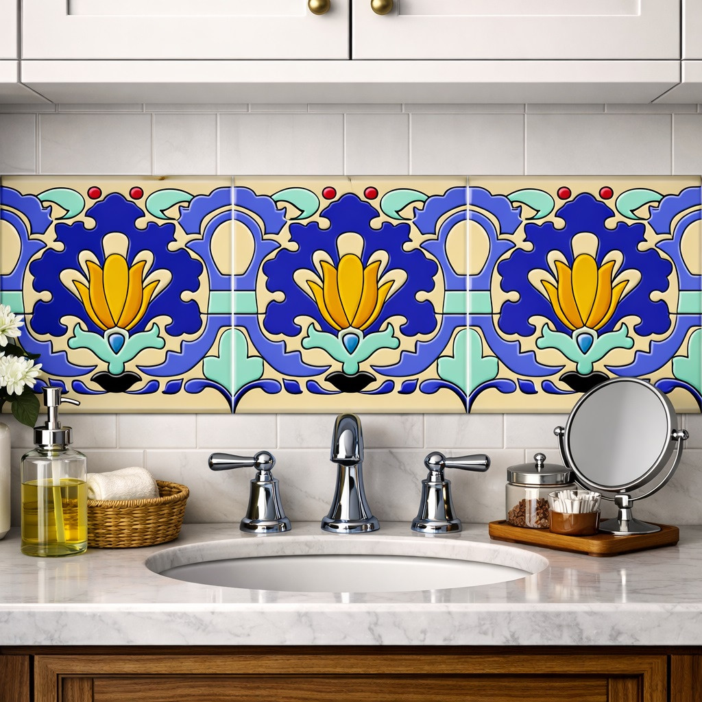 Mexican talavera tulip relief border tile decorative trim accenting bathroom vanity backsplash with traditional ceramic sink