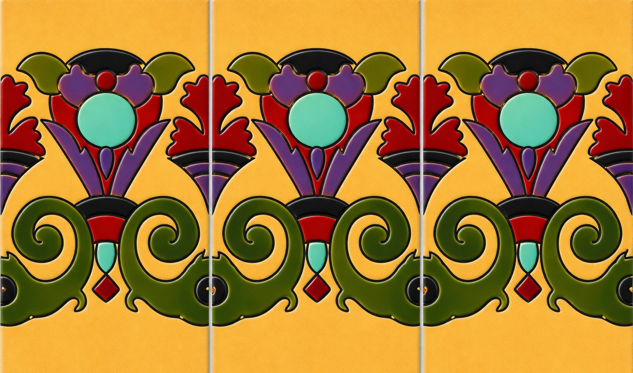 Mexican talavera medallion relief border tile decorative trim three tile set showing repeating border pattern