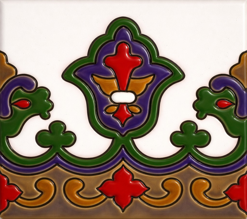 Mexican talavera relief border tile with heraldic floral motif
