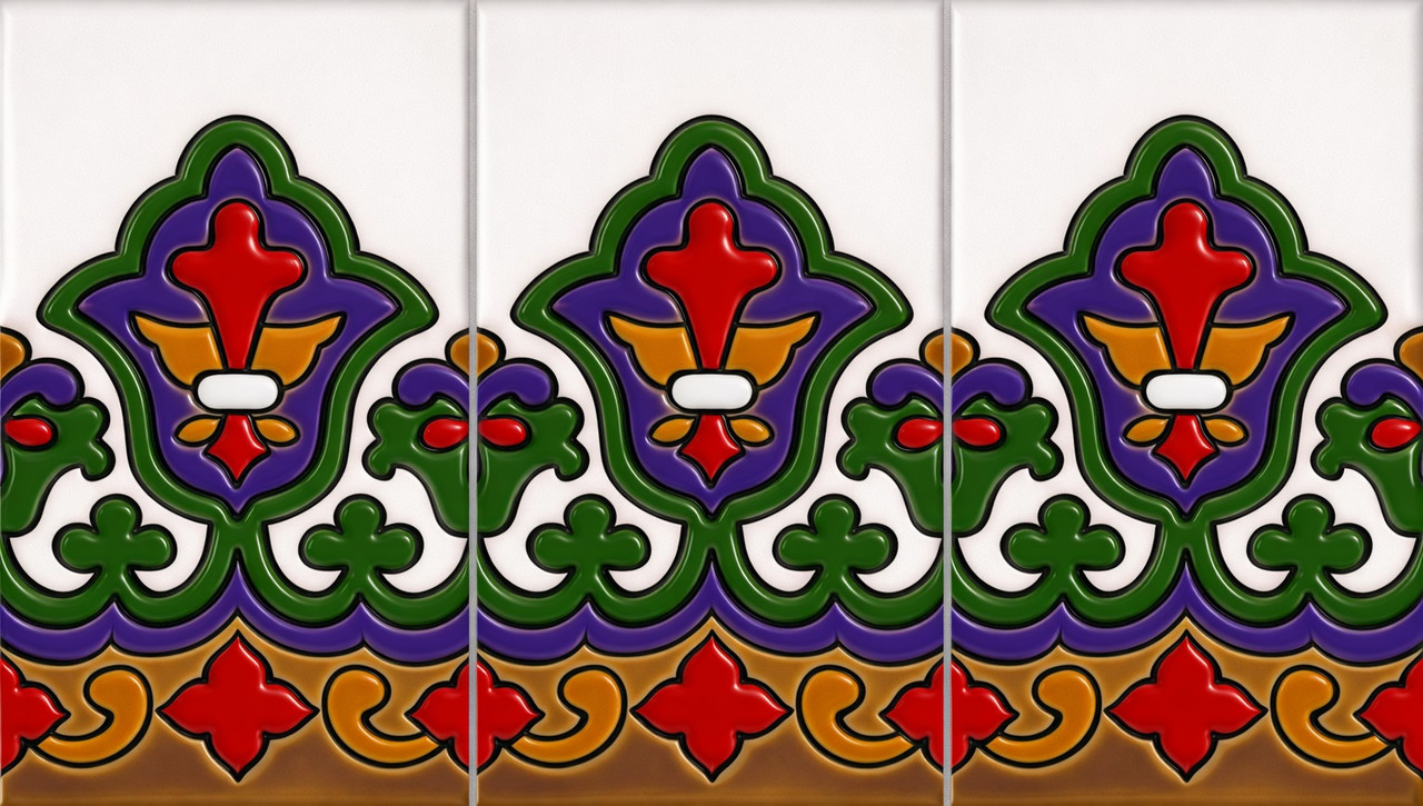 Mexican talavera relief border tile with heraldic floral motif three tile set showing full raised pattern
