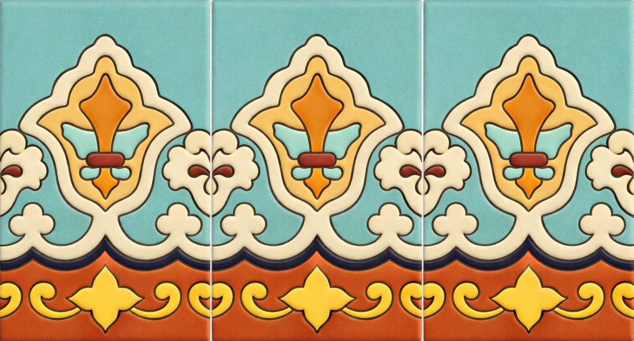Turquoise fleur de lis mexican talavera border three tile set