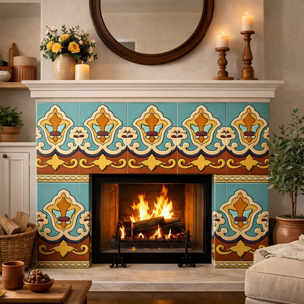 Turquoise fleur de lis mexican talavera border framing fireplace surround detail