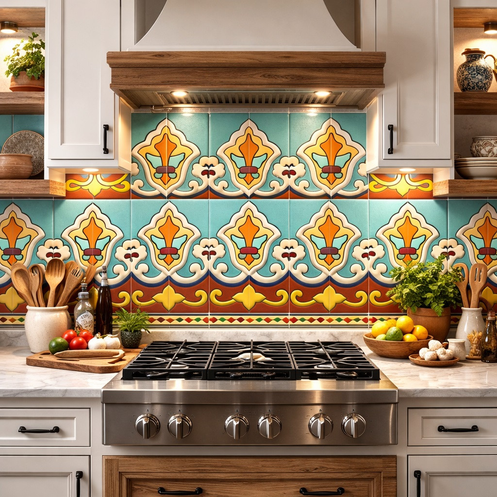 Turquoise fleur de lis mexican talavera border installed as kitchen backsplash accent