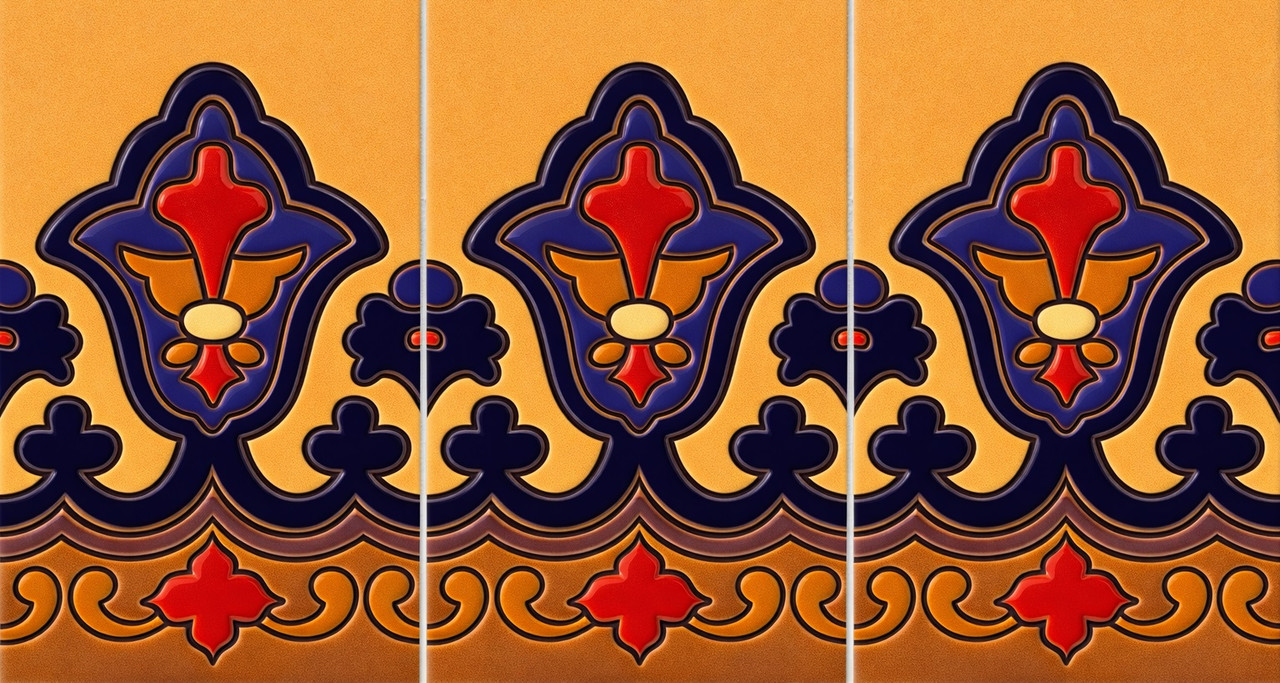 Navy fleur de lis mexican talavera border three tile set view