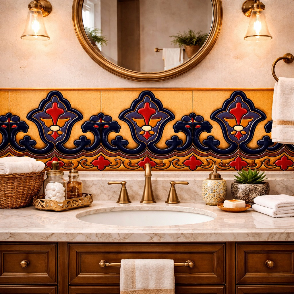 Navy fleur de lis mexican talavera border featured above bathroom vanity mirror wall