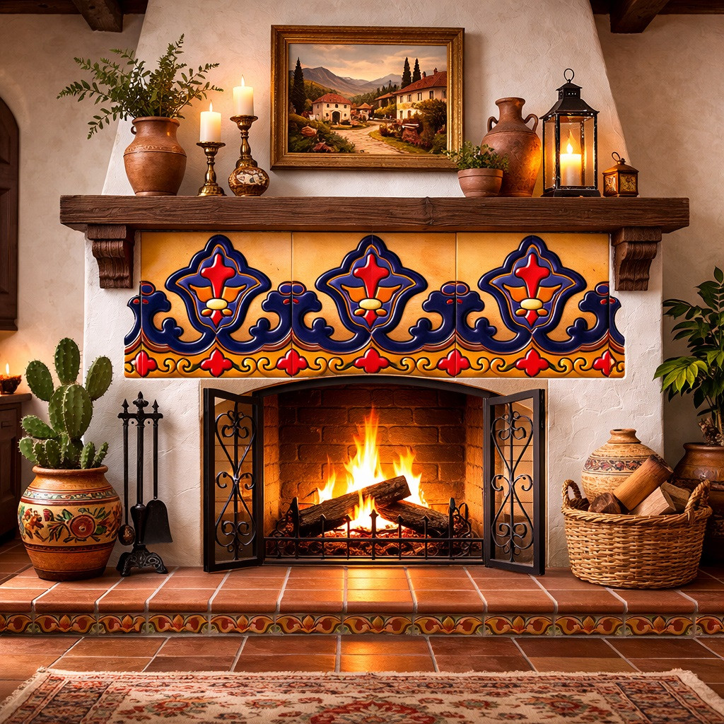 Navy fleur de lis mexican talavera border framing fireplace surround in Spanish style