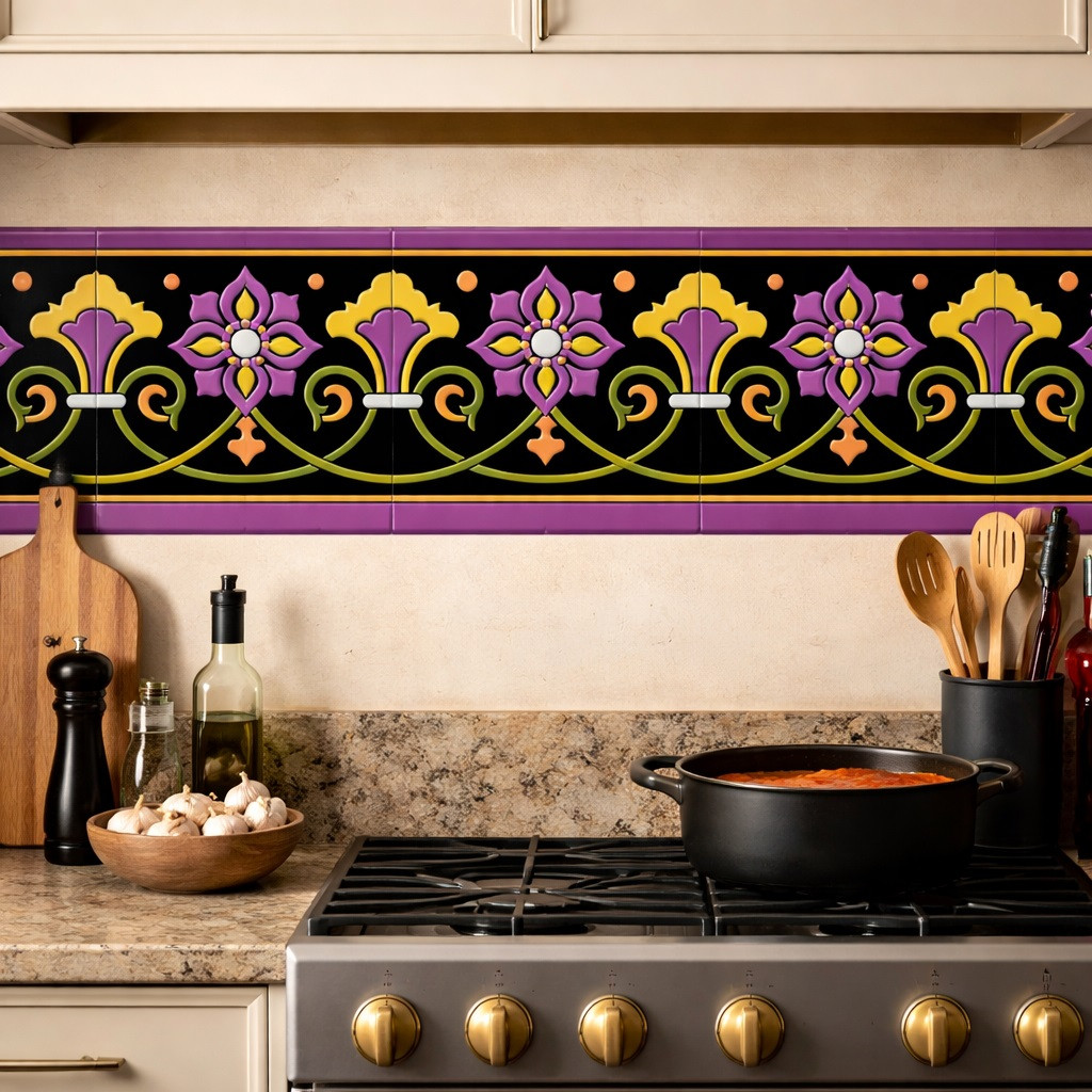 Mexican talavera black floral relief border tile installed as kitchen backsplash accent strip