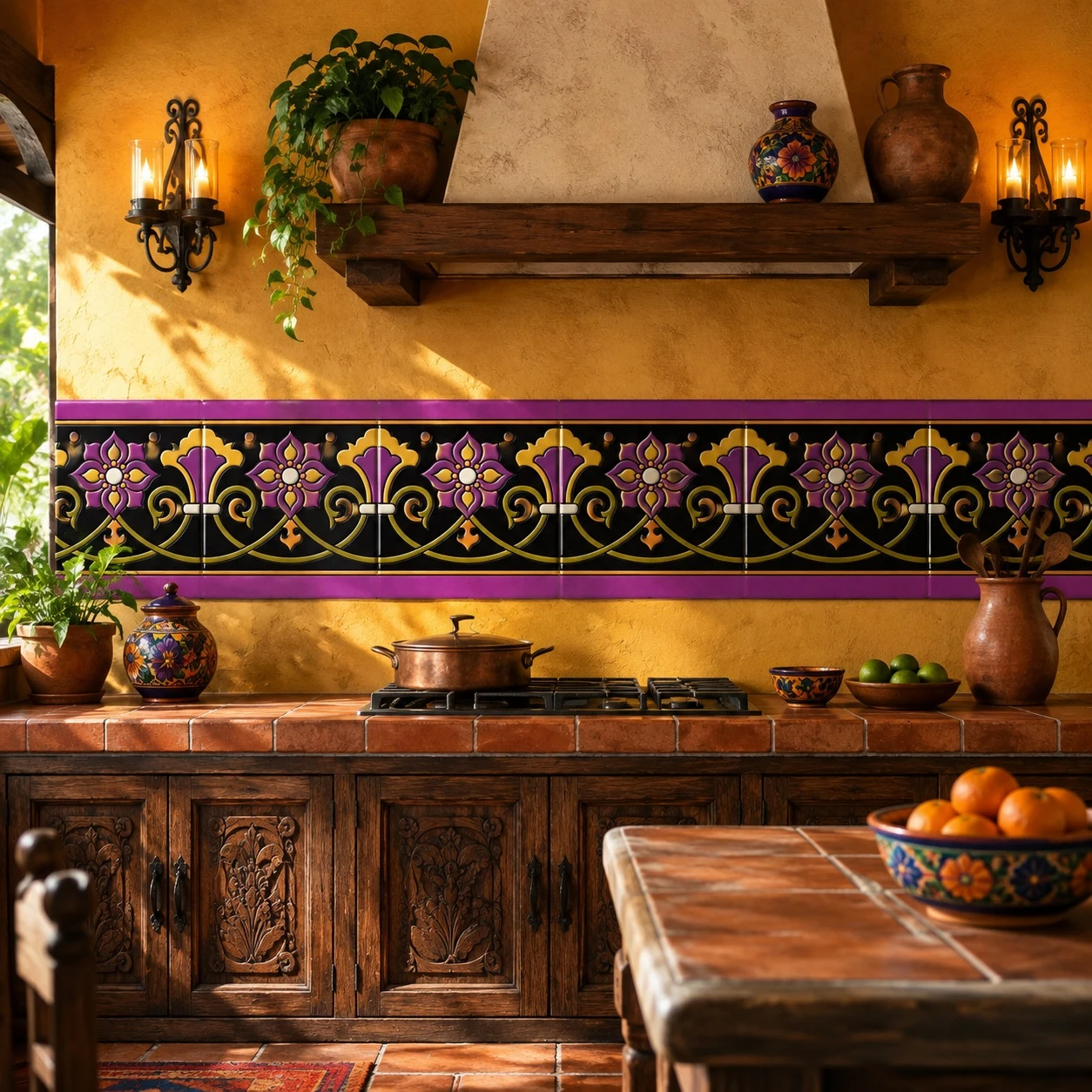 Mexican talavera black floral relief border tile in a warm hacienda kitchen interior