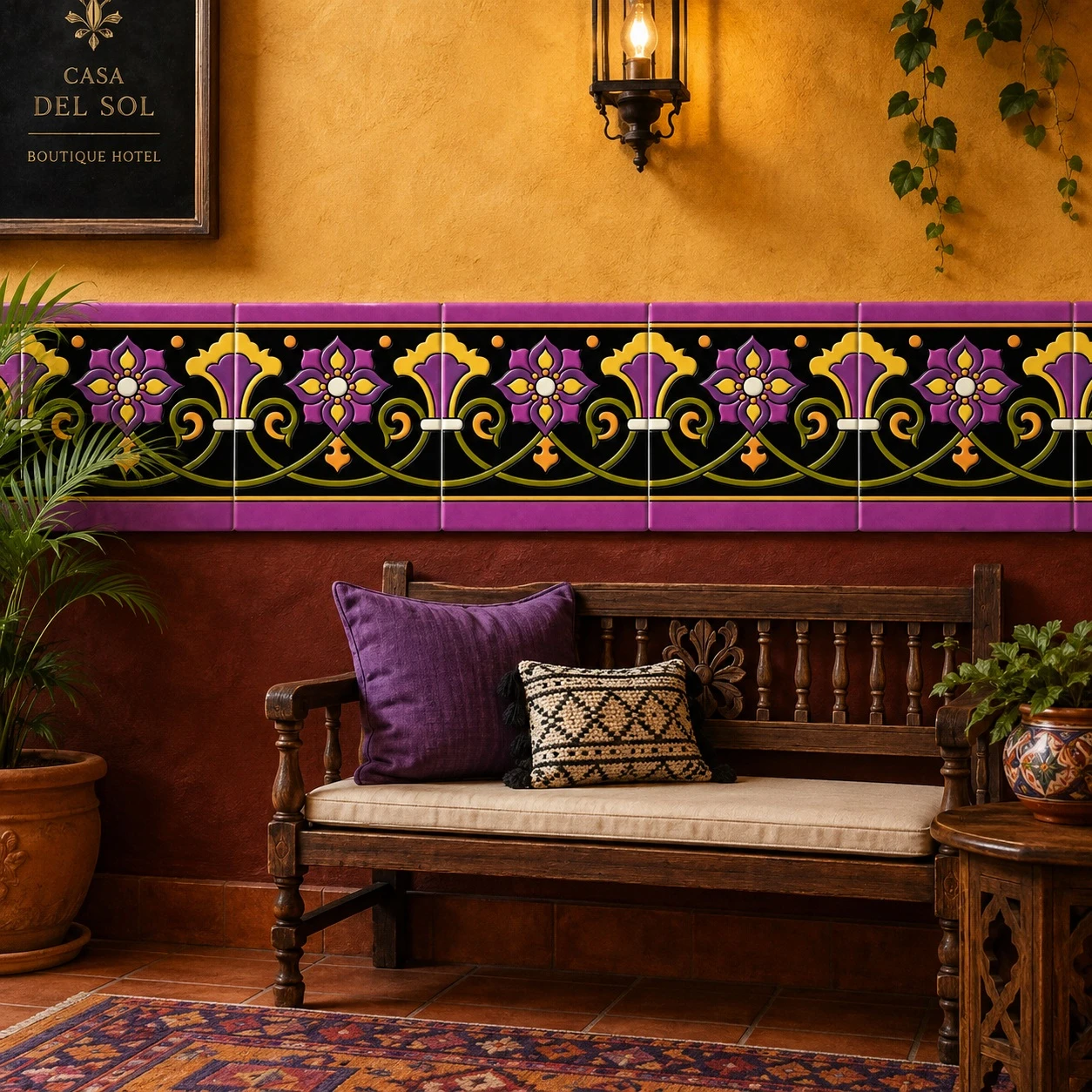 Mexican talavera black floral relief border tile in a boutique hotel with warm rustic decor