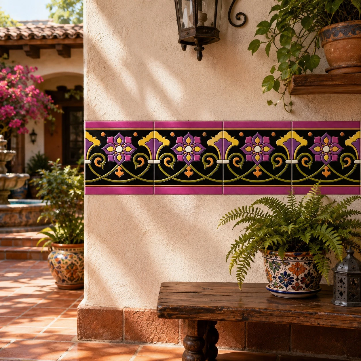 Mexican talavera black floral relief border tile on a hacienda patio with stucco and greenery