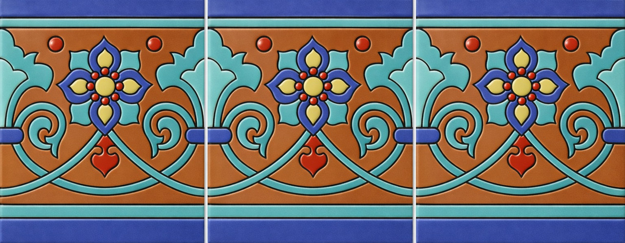 Handcrafted talavera mexican floral scroll relief tile three tile set