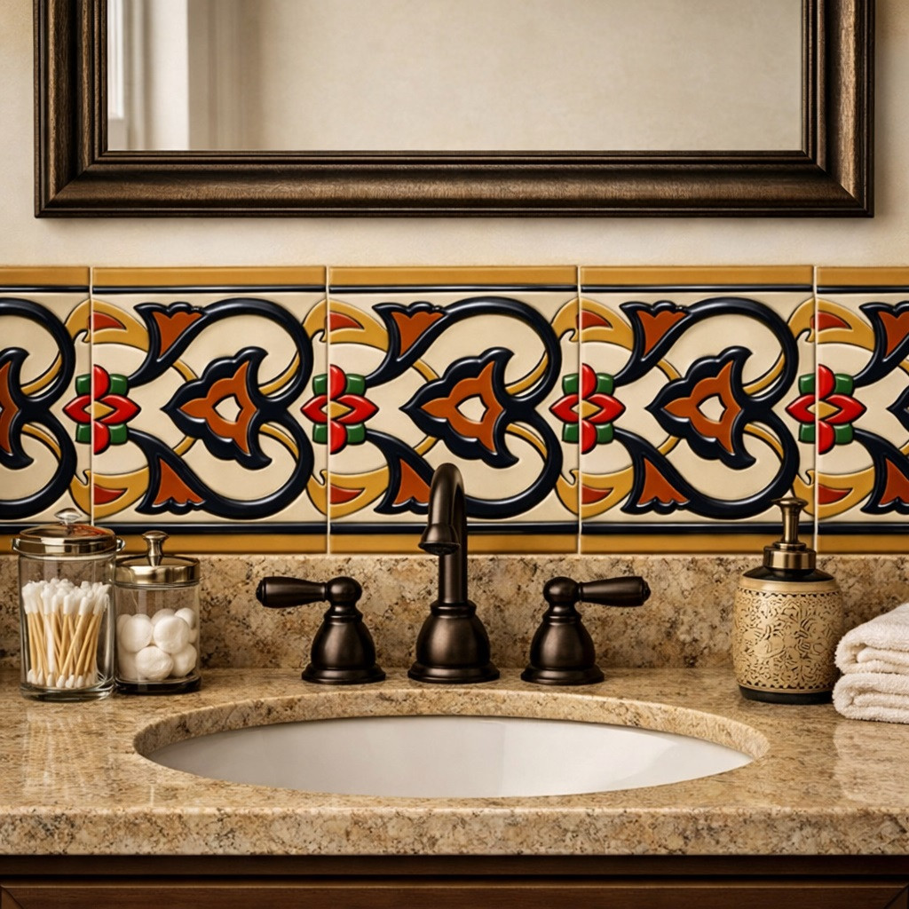 Mexican talavera baroque scroll relief border tile framing bathroom vanity wall detail