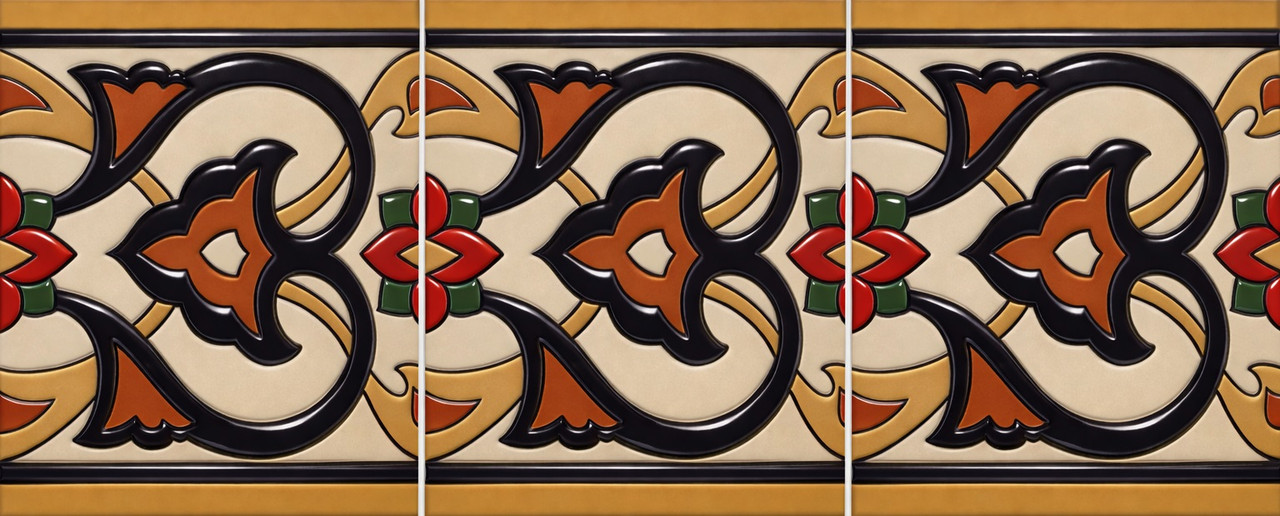 Mexican talavera baroque scroll relief border tile three piece set