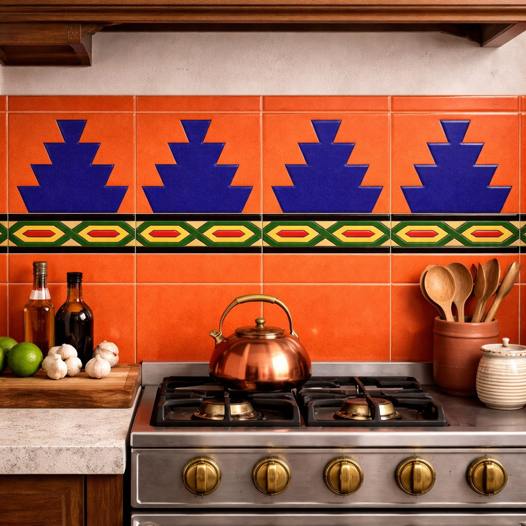 Mexican talavera aztec relief border tile installed as kitchen backsplash accent band