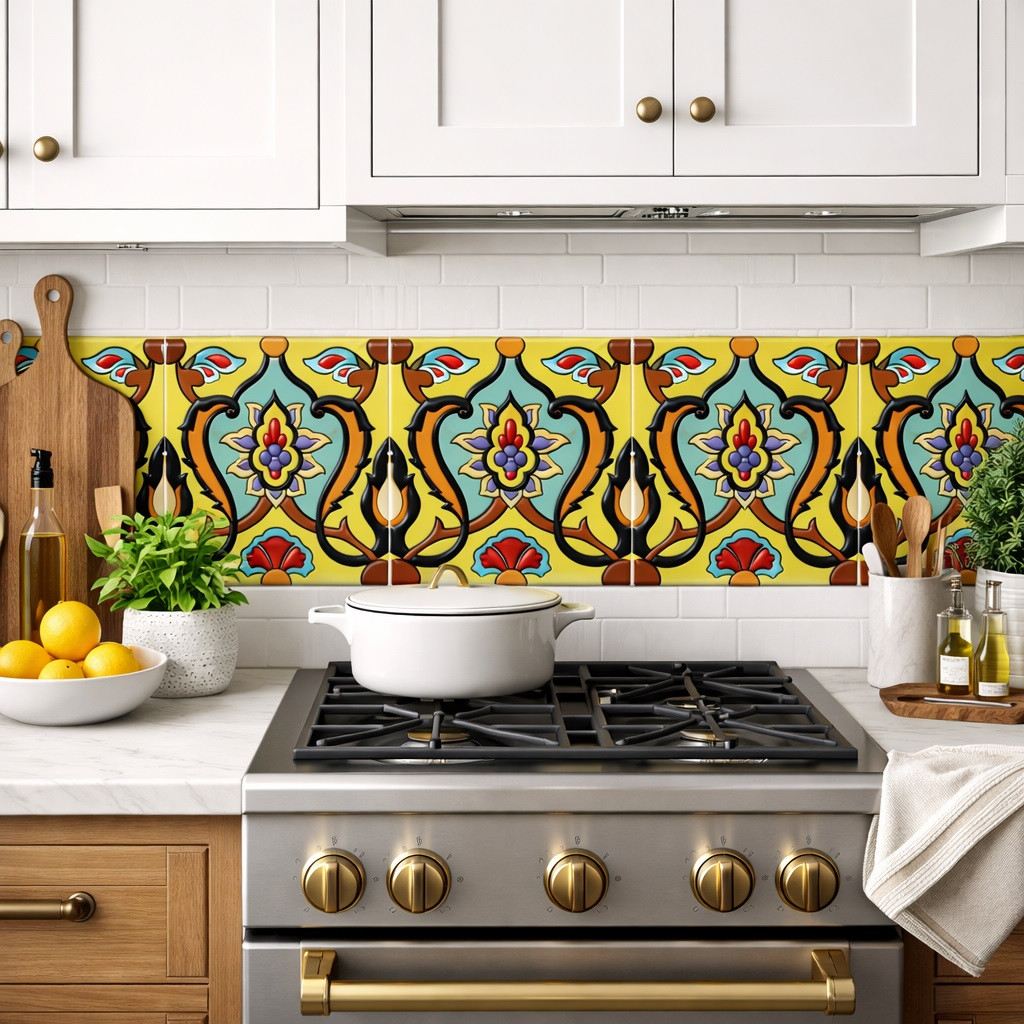 Talavera floral vine relief mexican decorative tile pattern installed in kitchen backsplash accent