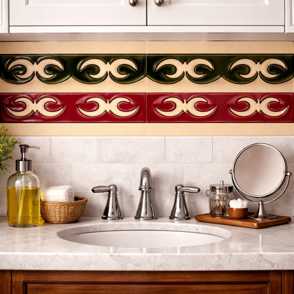 Mexican scroll relief talavera tile decorative border accent band above bathroom vanity wall