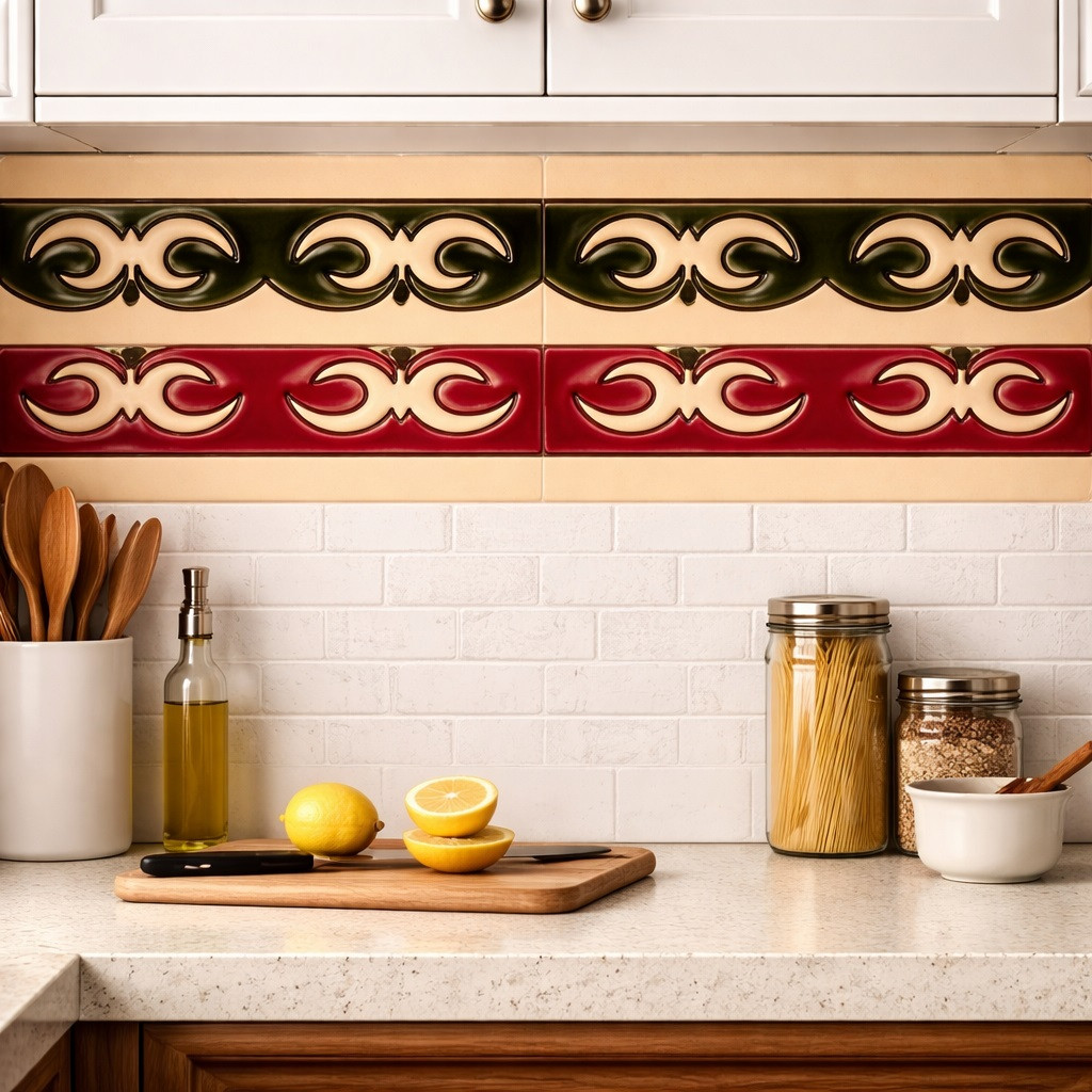 Mexican scroll relief talavera tile decorative border installed as decorative border in kitchen backsplash