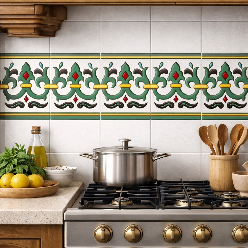 Mexican relief scroll border talavera tile installed as kitchen backsplash accent strip
