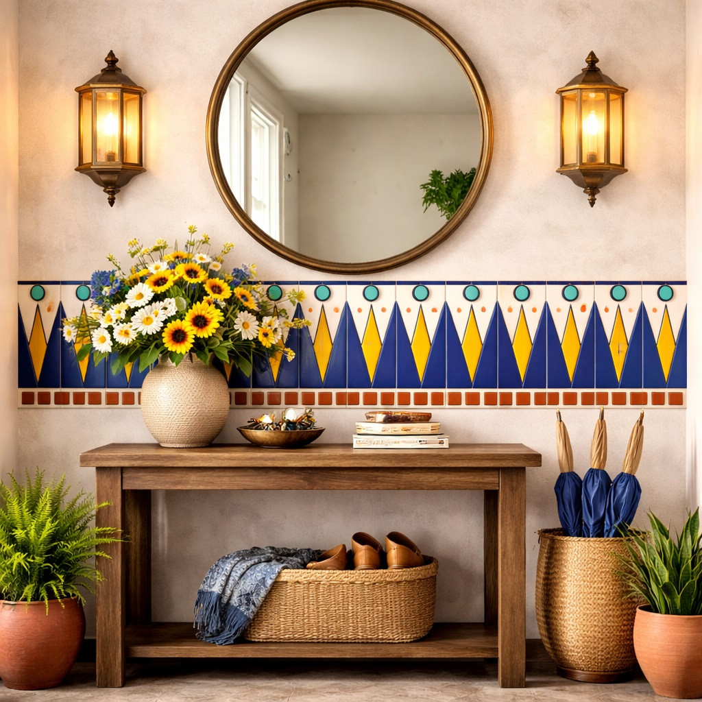 Mexican talavera art deco geometric relief border framing a bathroom vanity wall