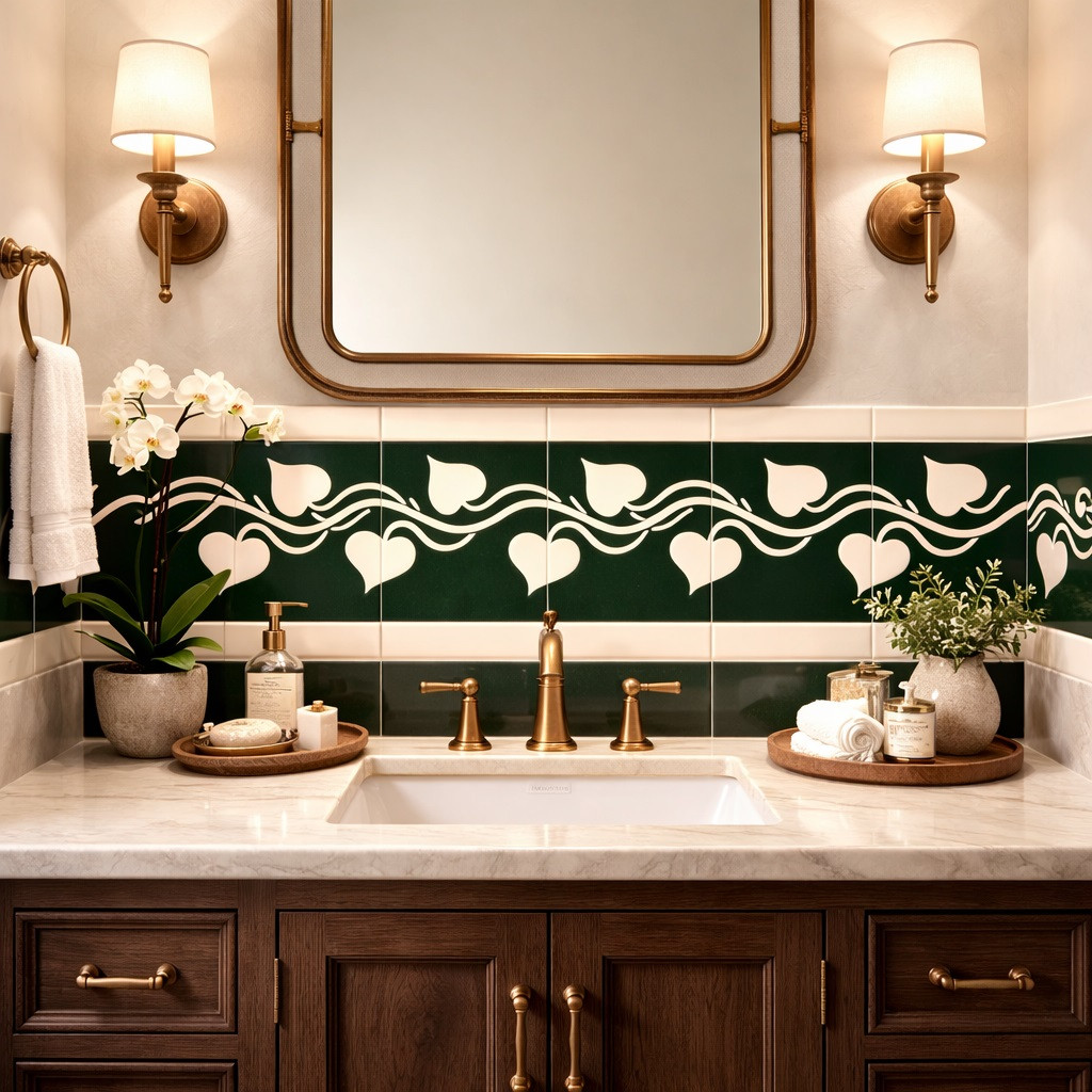 Mexican talavera heart vine relief border tile framing a bathroom vanity wall
