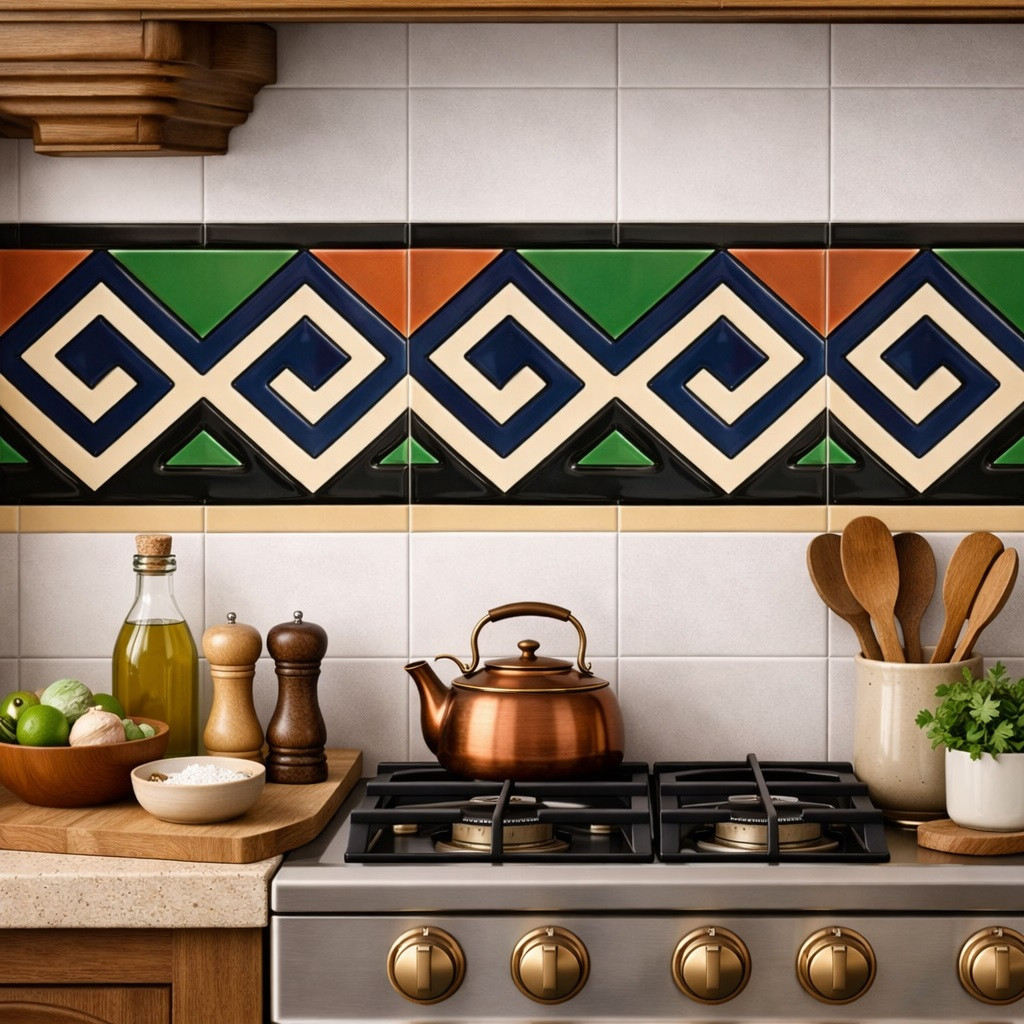 Mexican greek kKey relief border talavera tile installed as kitchen backsplash accent band