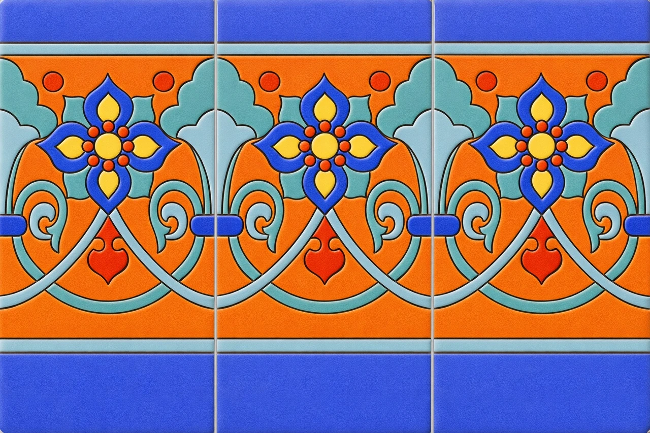Mexican talavera floral scroll relief border tile three-piece border set