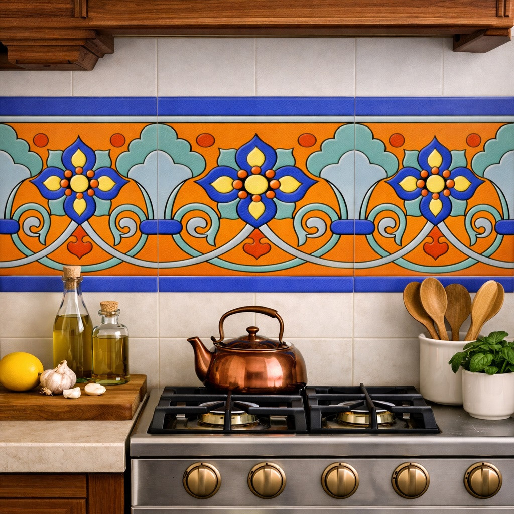 Mexican talavera floral scroll relief border tile installed as kitchen backsplash accent band