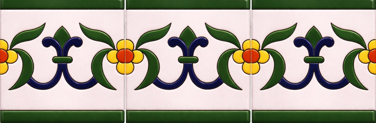 Mexican talavera fleur de lis Rrelief border tile three piece border arrangement