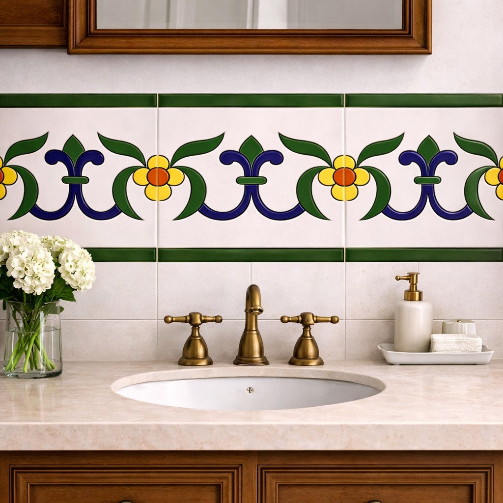 Mexican talavera fleur de lis relief border tile featured above bathroom vanity wall