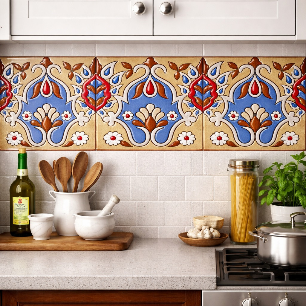 Mexican talavera floral shield relief decorative tile used as decorative kitchen backsplash border