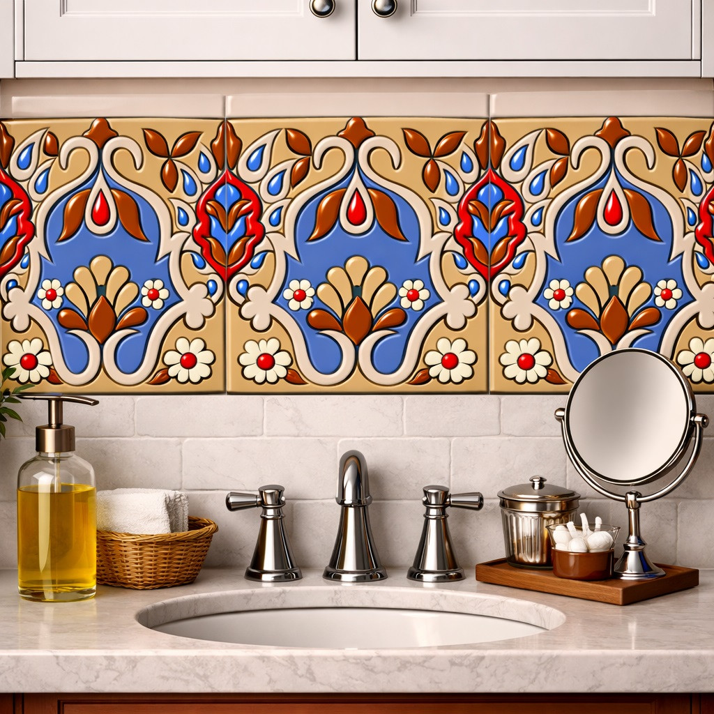 Mexican talavera floral shield relief decorative tile installed as bathroom wall border accent