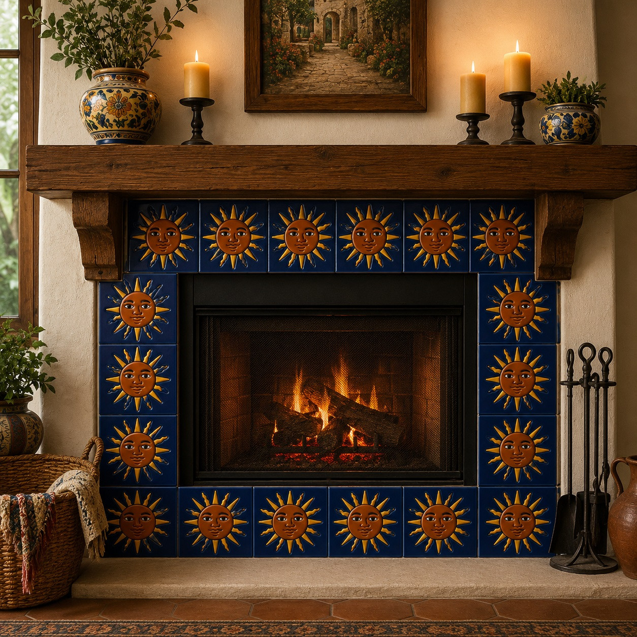 Mexican relief tile with a sun face motif surrounding fireplace in mexican-style living room