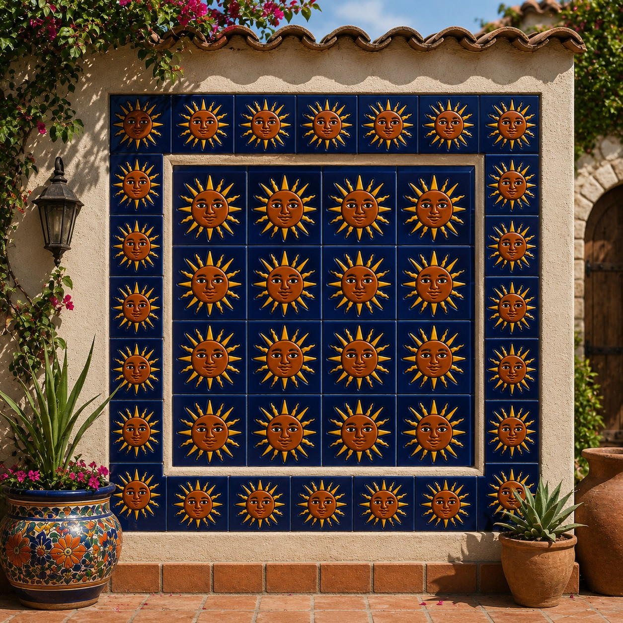Mexican relief tile – sun face motif displayed on garden patio wall framed by stucco and plants